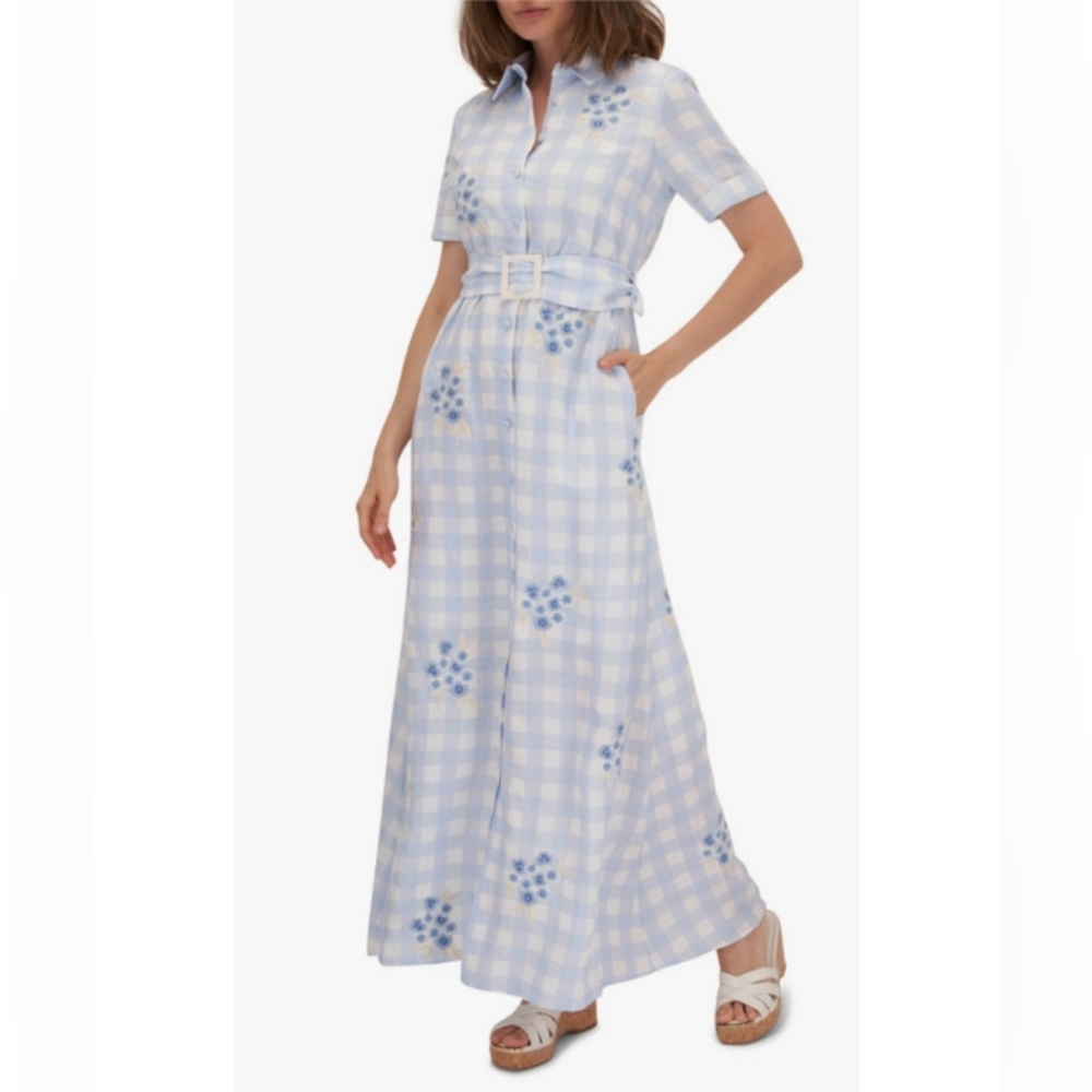 🧵Sachin + Babi Kathryn Linen Gingham Checkered Embroidered Maxi Dress Sz 4